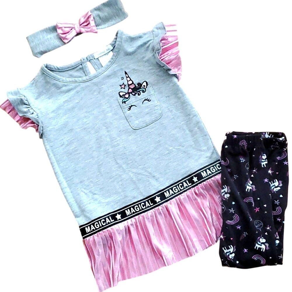 Forever‎ Me Girls Unicorn 3 Piece Set Metallic Outfit- Tunic, Leggings, Headband